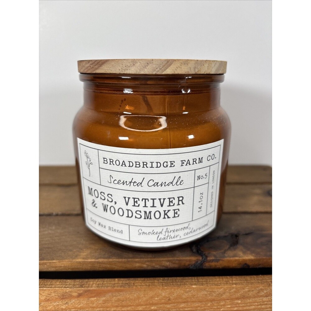 Broadbridge Farm Co Moss Vetiver & Woodsmoke Soy Wax Candle Aldi Amber Jar New